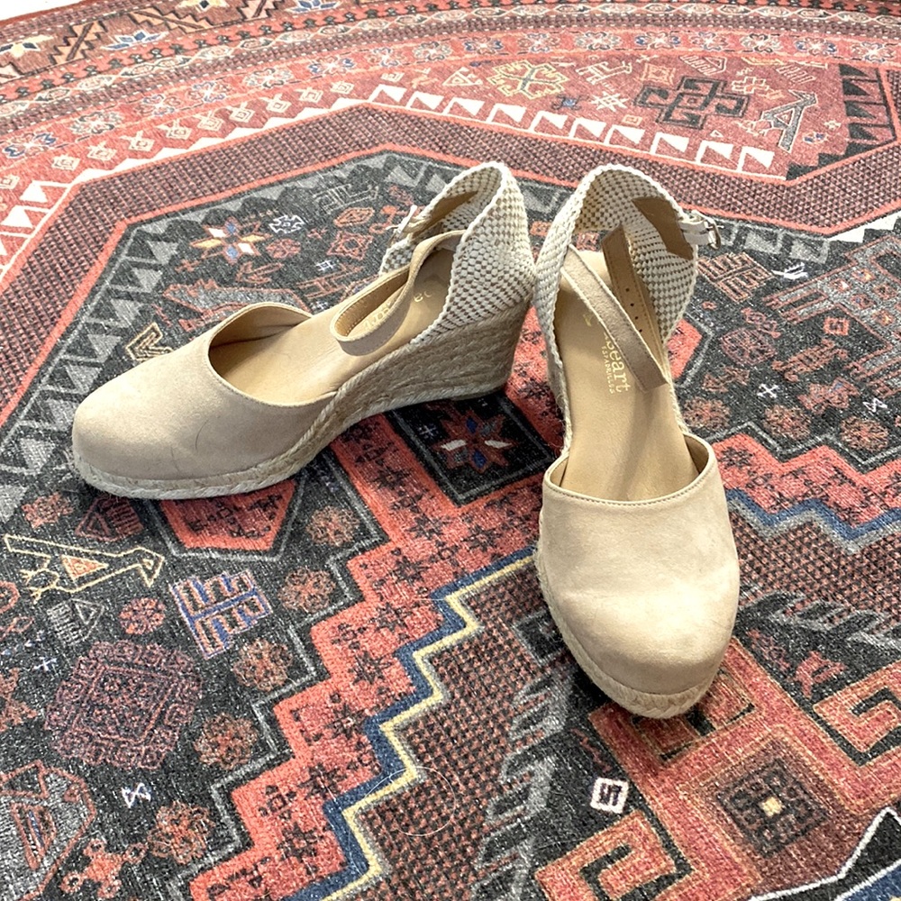 Tan Espadrille wedge shoe with ankle strap. Great condition, barely worn